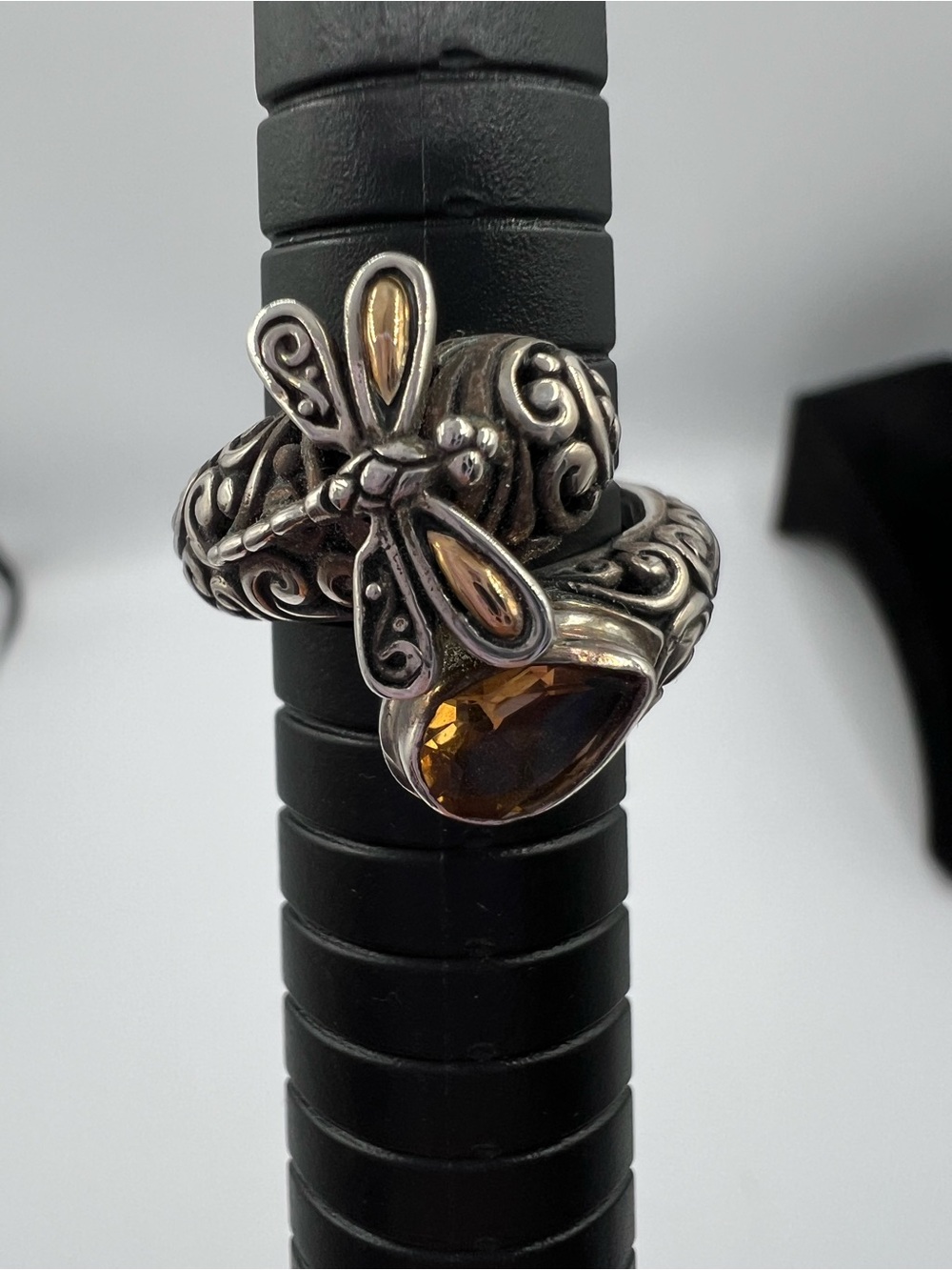Ornate Silver Dragonfly Ring with Citrine Teardrop Stone
